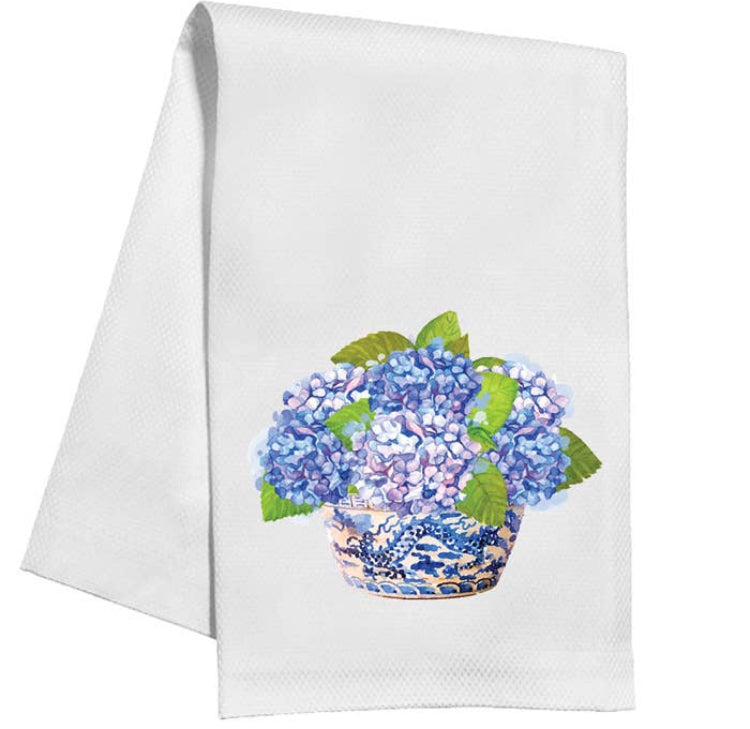 Hand Painted Blue Hydrangea in Basket Tea Towel