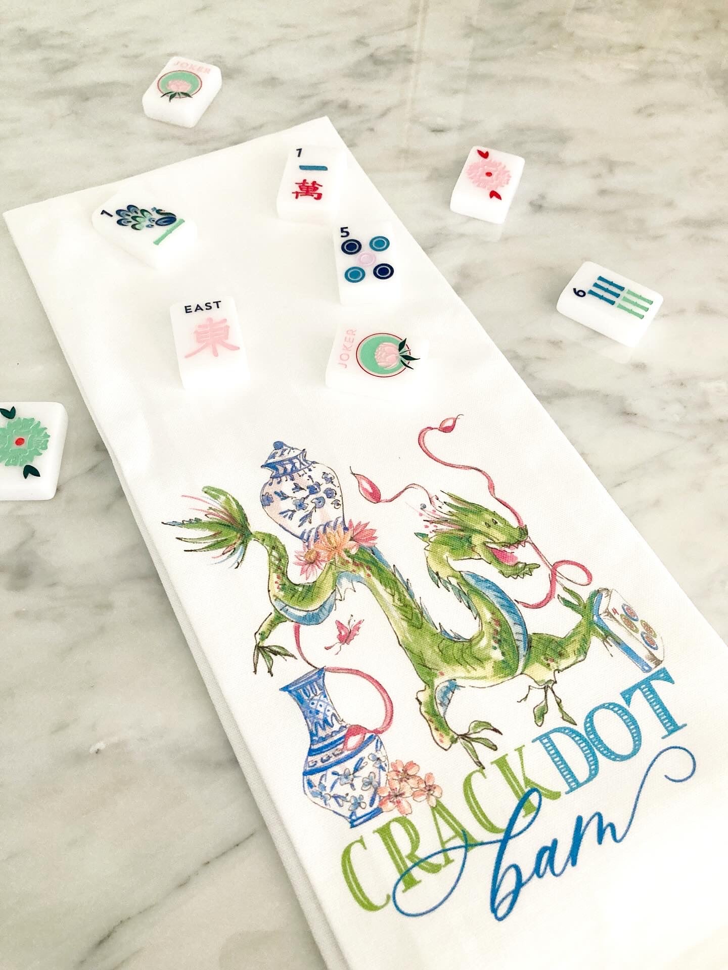 Crack Dot Bam Mahjong Dragon Blue Tea Towel