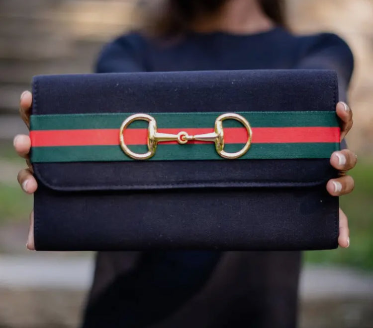 Avery Black Clutch with Ribbon and gold Snaffle