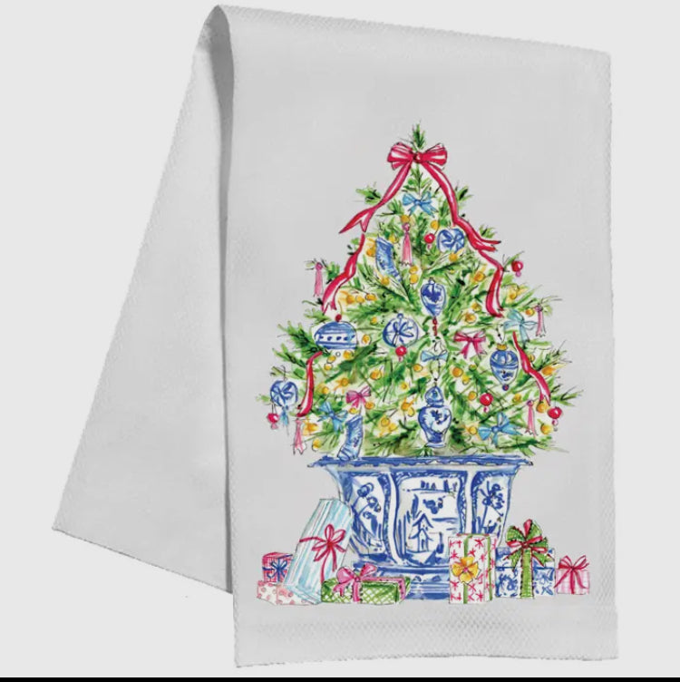 Christmas Tree with Blue Chinoiserie Ornaments Tea Towel