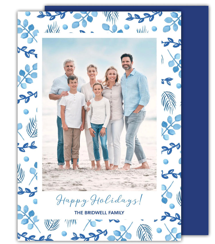 Blue Botanical Holiday Photo Card
