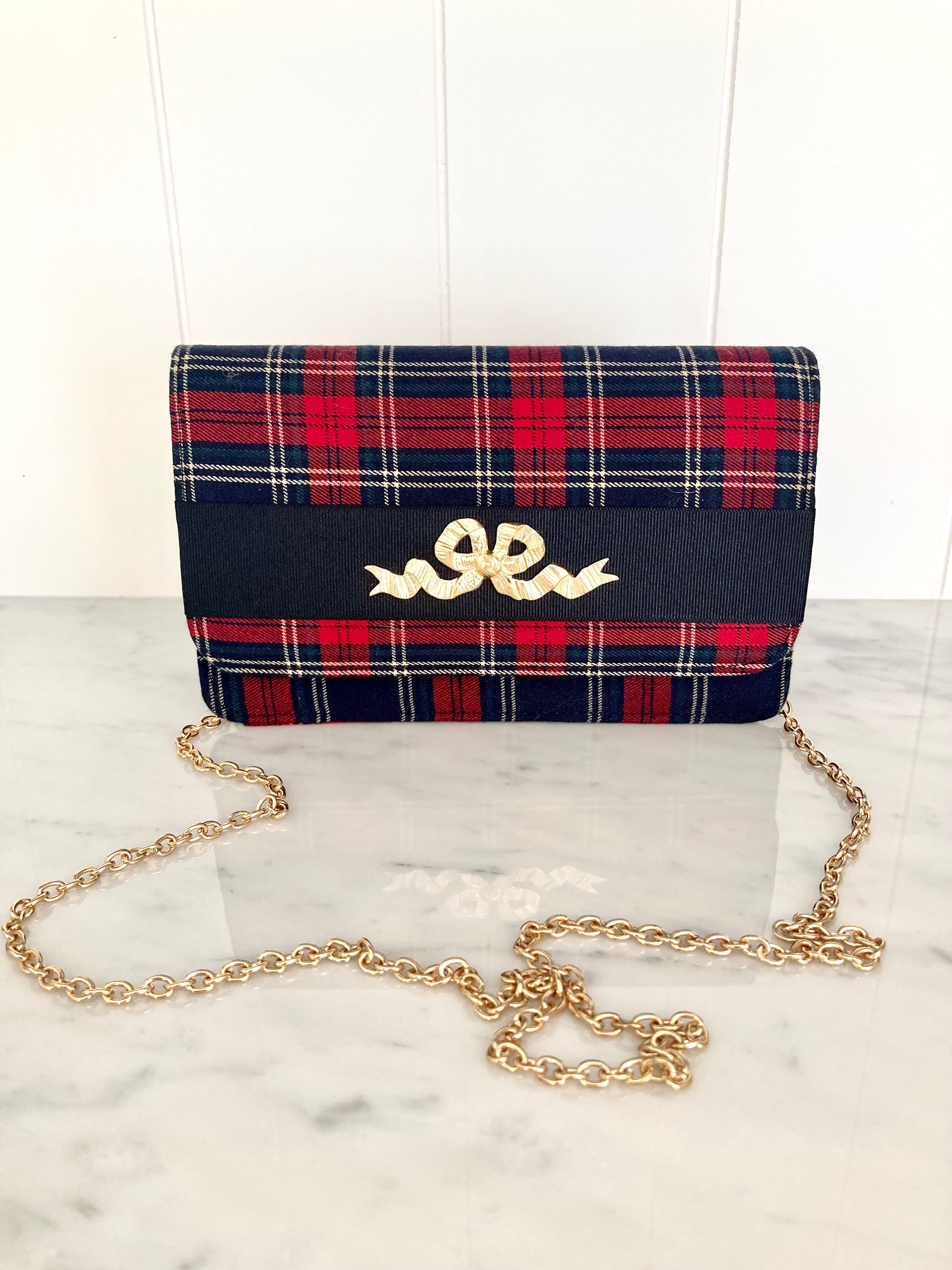 Avery Plaid Clutch with Gold Bow motif