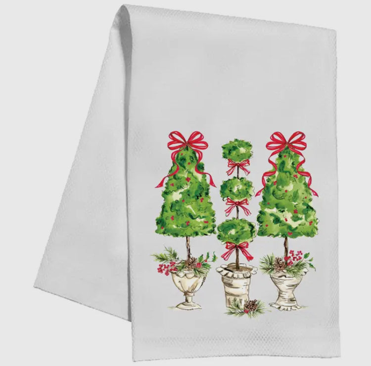 Christmas Topiaries with Red Bows Tea Towel