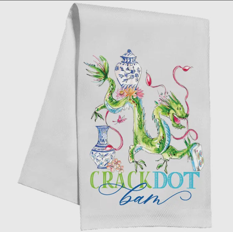 Crack Dot Bam Mahjong Dragon Blue Tea Towel
