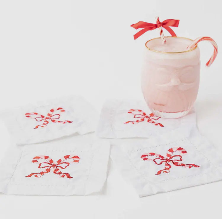 Embroidered Candy Cane Cocktail Napkins
