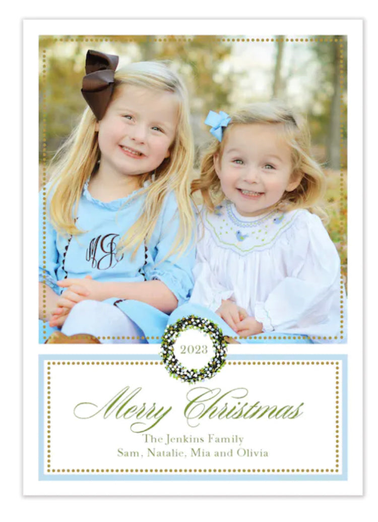 Classic Dot Border Blue and Gold Holiday Photo Card