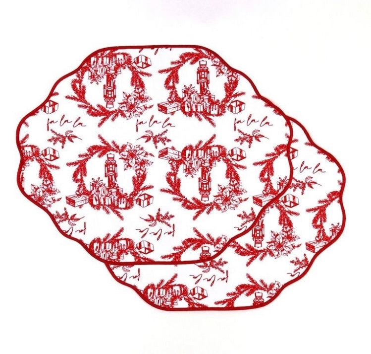 Red Christmas Toile Reversible Block Print Placemats