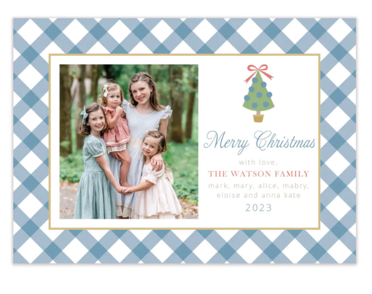Gingham with Christmas Trees Horizontal Holiday Photo Card