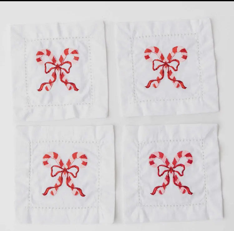 Embroidered Candy Cane Cocktail Napkins