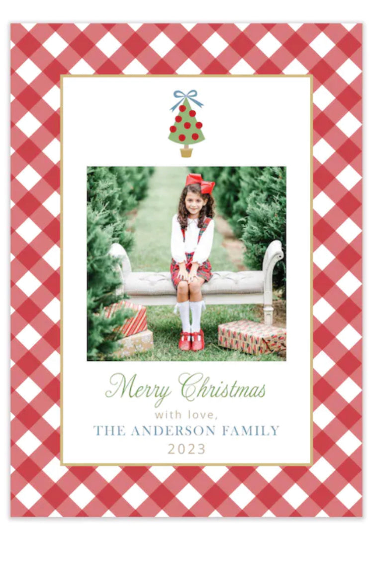 Gingham with Christmas Tree Vertical Holiday Photo Card
