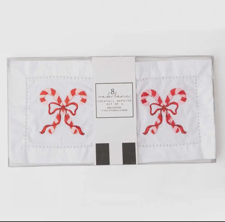 Embroidered Candy Cane Cocktail Napkins