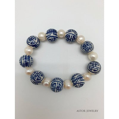 Chinoiserie Blue and White Bead and Pearl Bracelet