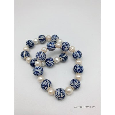 Chinoiserie Blue and White Bead and Pearl Bracelet