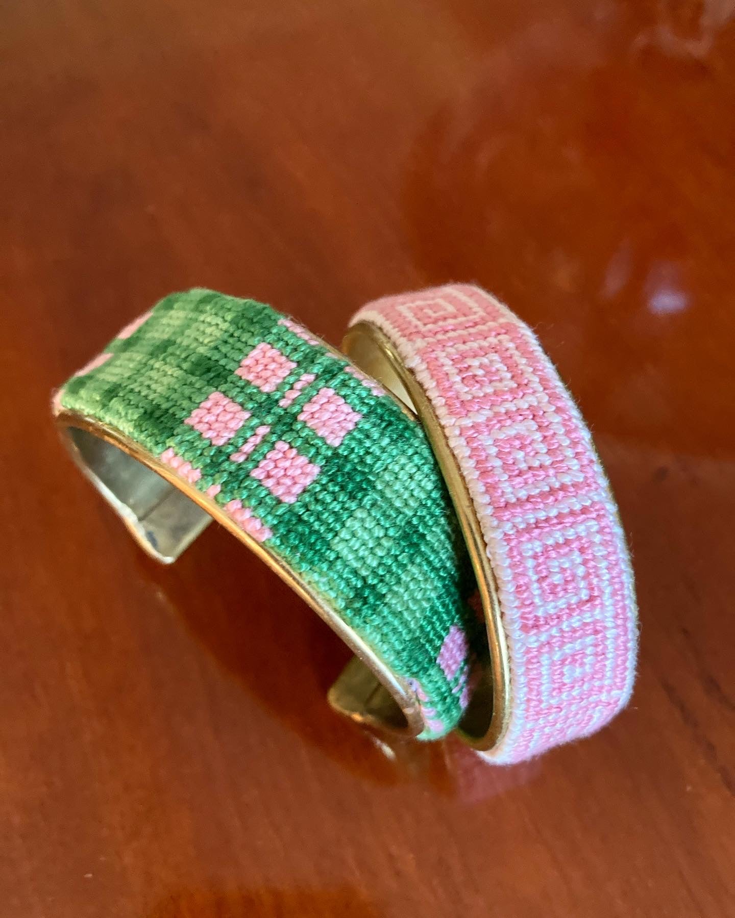 Preppy Pink and Green Plaid  Needle Point Bracelet