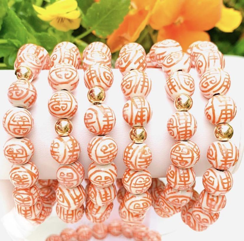 Orange Chinoiserie Porcelain Stretch Bracelet 14MM bead