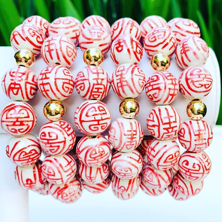 Red Chinoiserie Porcelain Stretch Bracelet 14MM bead