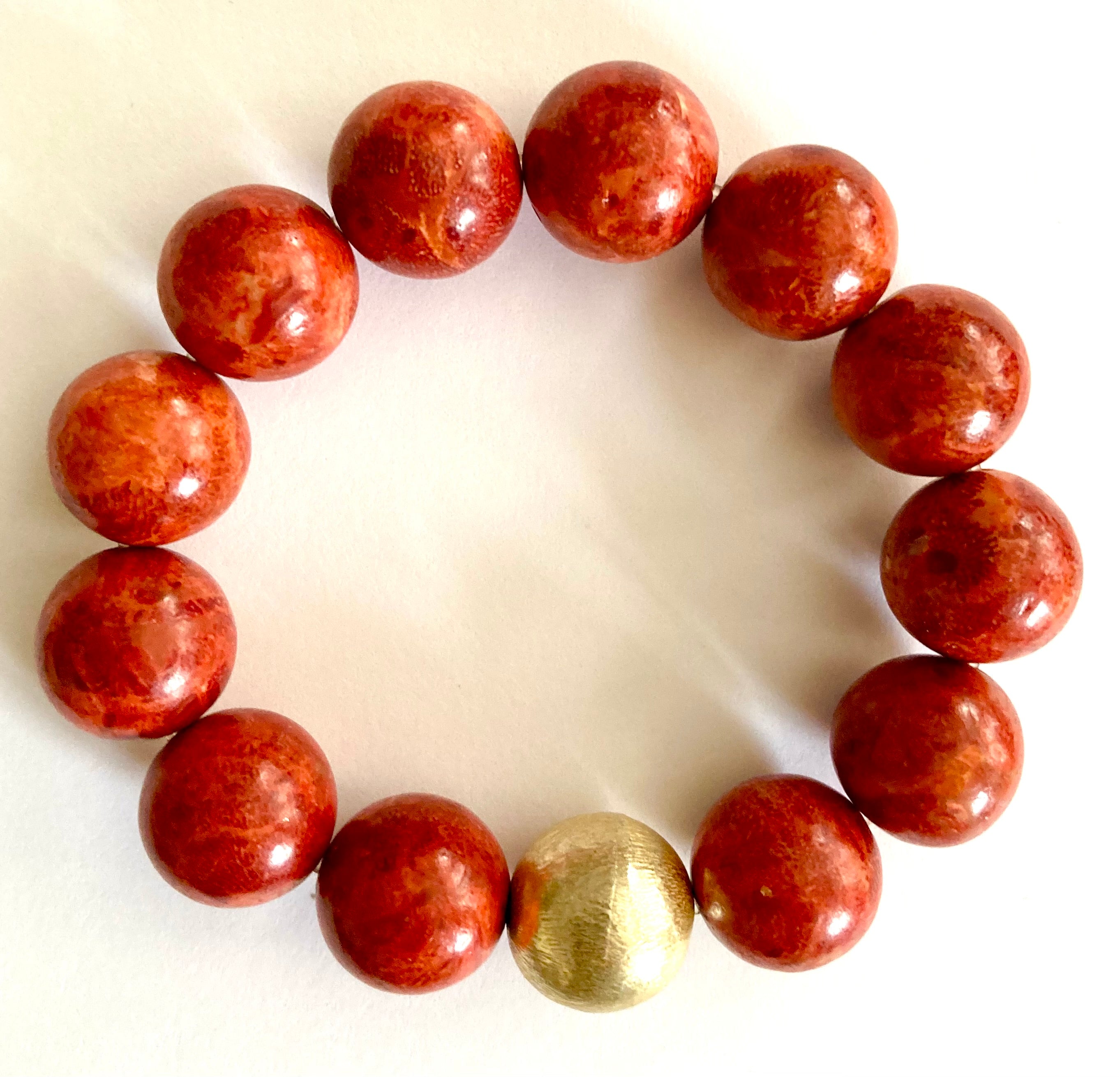 Coral and Brushed Gold Ball Bracelet