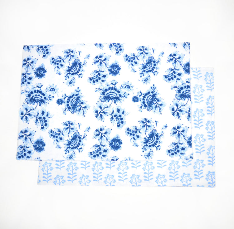 Blue Perennial Floral and Block print Reversible Placemats