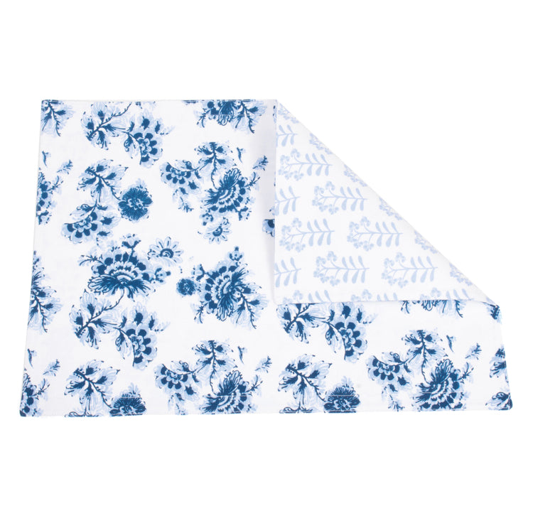Blue Perennial Floral and Block print Reversible Placemats