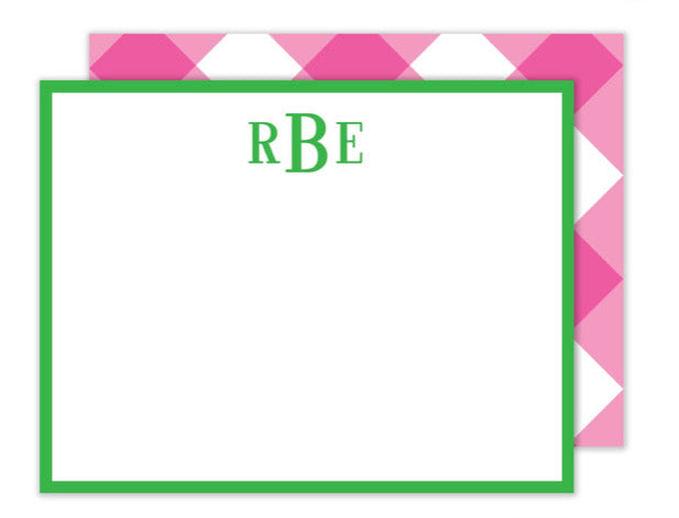 Preppy Pink Check Personalized Flat Notecards